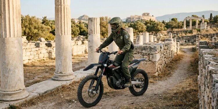 Moto de motocross com motor elétrico e torque imediato é utilizada para patrulhar ruínas sagradas sem causar poluição sonora ou danos