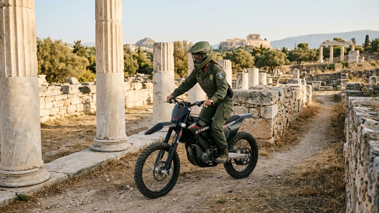 Moto de motocross com motor elétrico e torque imediato é utilizada para patrulhar ruínas sagradas sem causar poluição sonora ou danos
