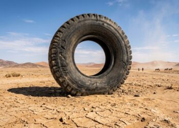 Estrutura de pneu gigante com três metros de altura utilizada em minas de diamantes é encontrada abandonada em deserto na África
