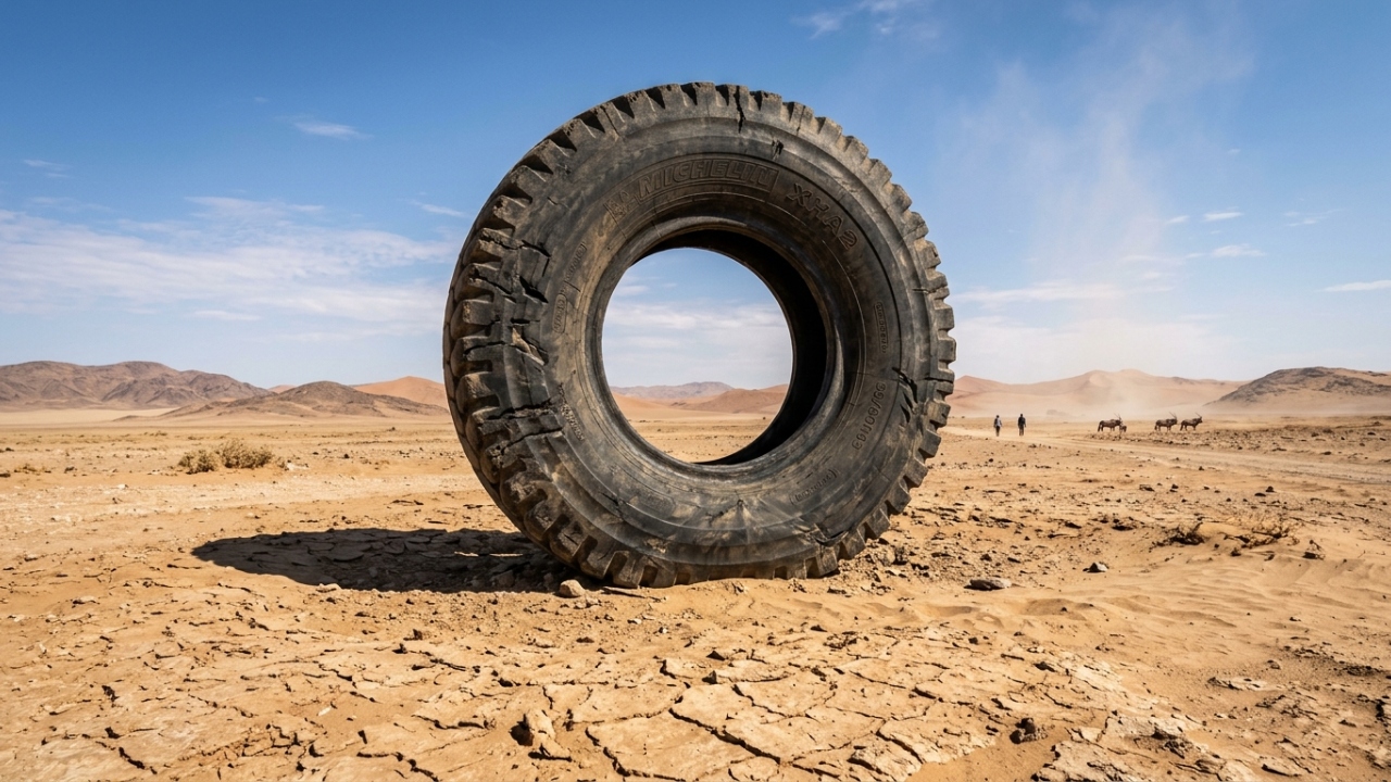Estrutura de pneu gigante com três metros de altura utilizada em minas de diamantes é encontrada abandonada em deserto na África