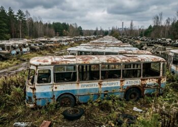 Comboio de ônibus militares abandonados em zona de exclusão revela como a civilização soviética evacuou cidades em tempo recorde
