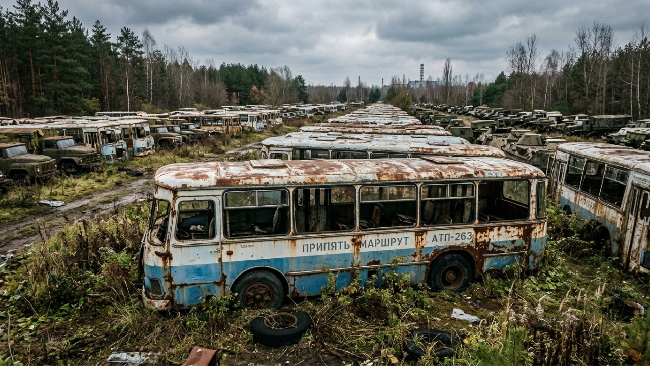 Comboio de ônibus militares abandonados em zona de exclusão revela como a civilização soviética evacuou cidades em tempo recorde
