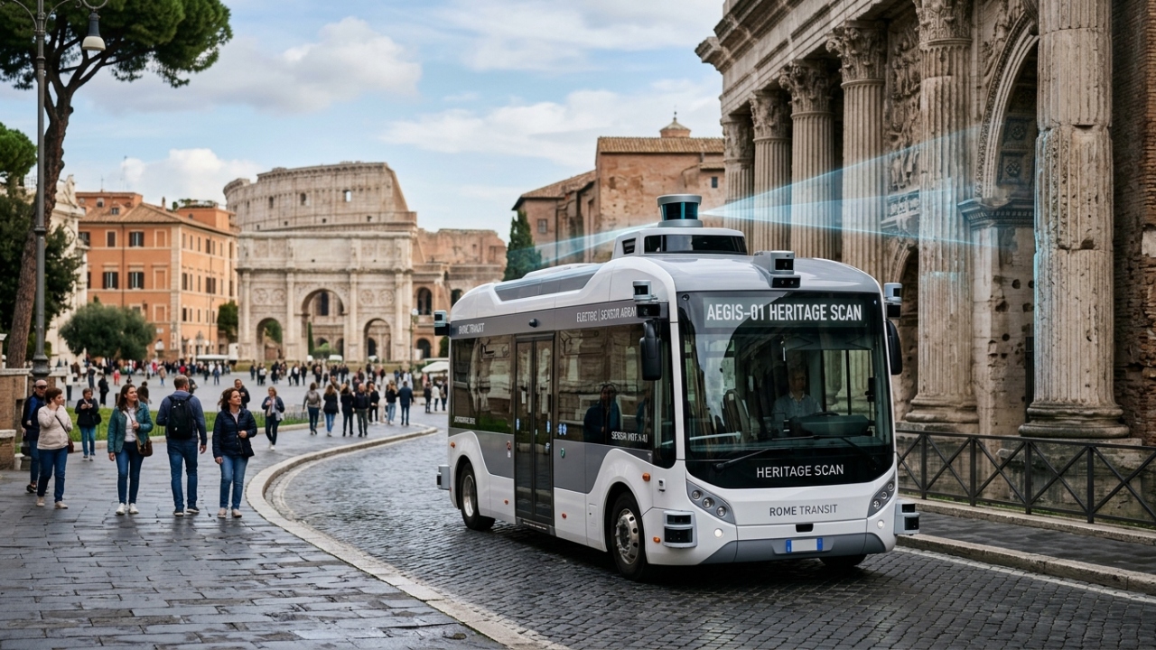 Ônibus futurista com inteligência artificial e ausência total de volante circula sem motorista e mapeia ruínas históricas na Europa