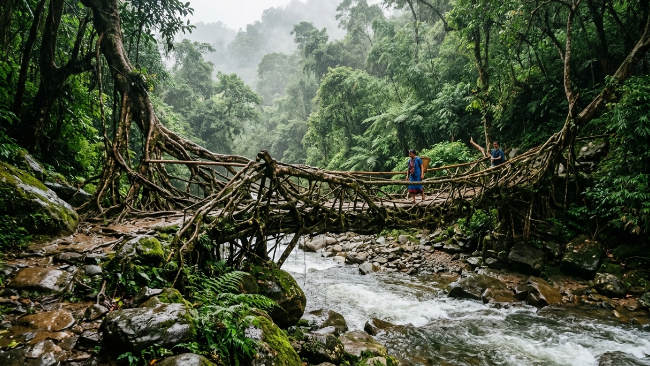 A bioengenharia constata que as pontes tecidas há 500 anos com a técnica indiana de guiar raízes vivas de figueiras não se tornam ruínas apodrecidas pela selva: elas desenvolvem silenciosamente algo que a maioria das estruturas de aço nunca precisou desenvolver, a capacidade orgânica de devorar a humidade e ficar mais inquebráveis a cada ano que passa, sem usar um único pilar de betão