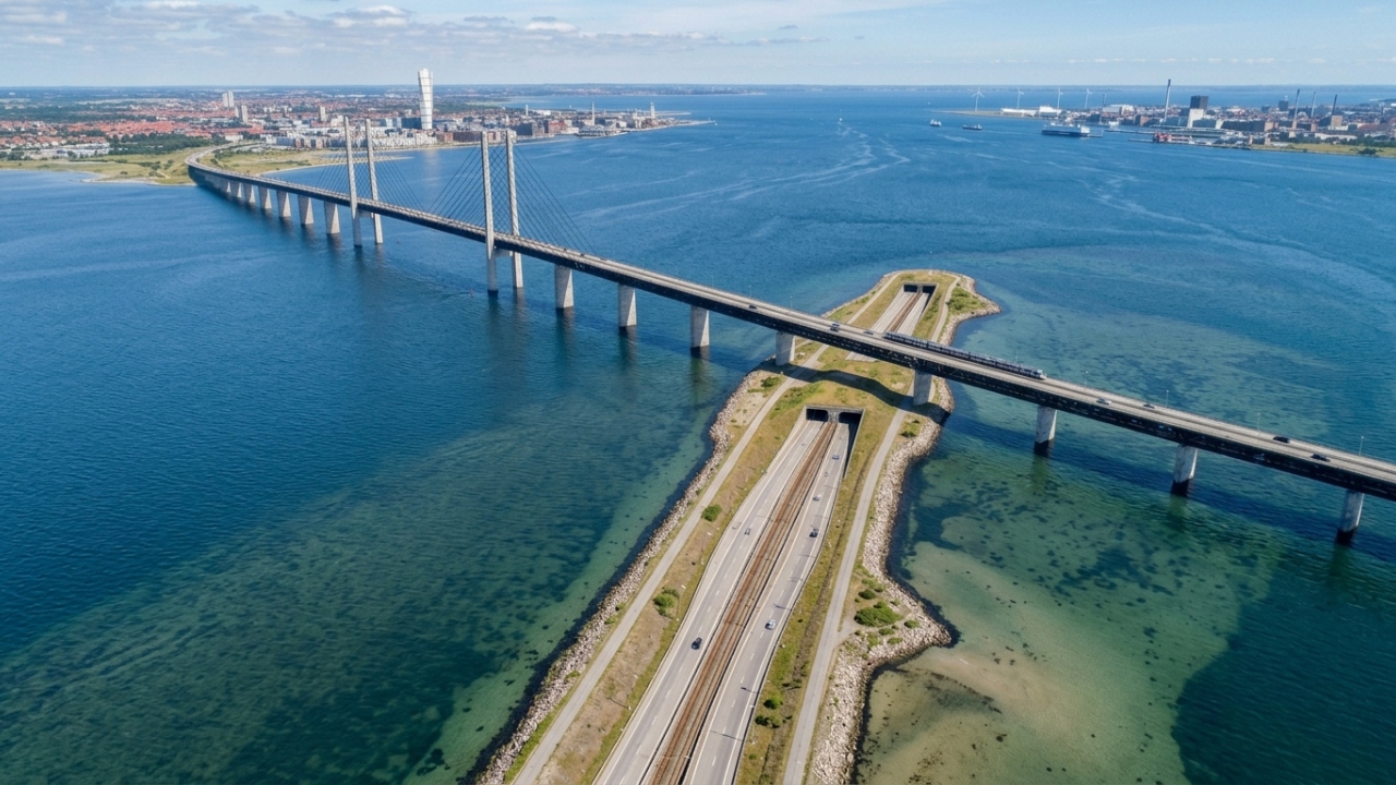 Com 16 km de extensão e um trecho de túnel submarino, a obra de 2000 é a maior ponte rodoferroviária da Europa unindo duas nações vizinhas