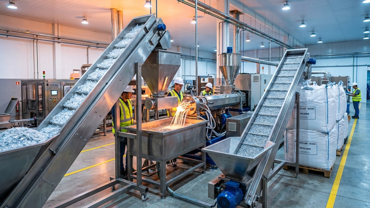 Com 20 toneladas de lixo derretidas a 260 graus, a engenharia da reciclagem transforma o plástico em grânulos novos