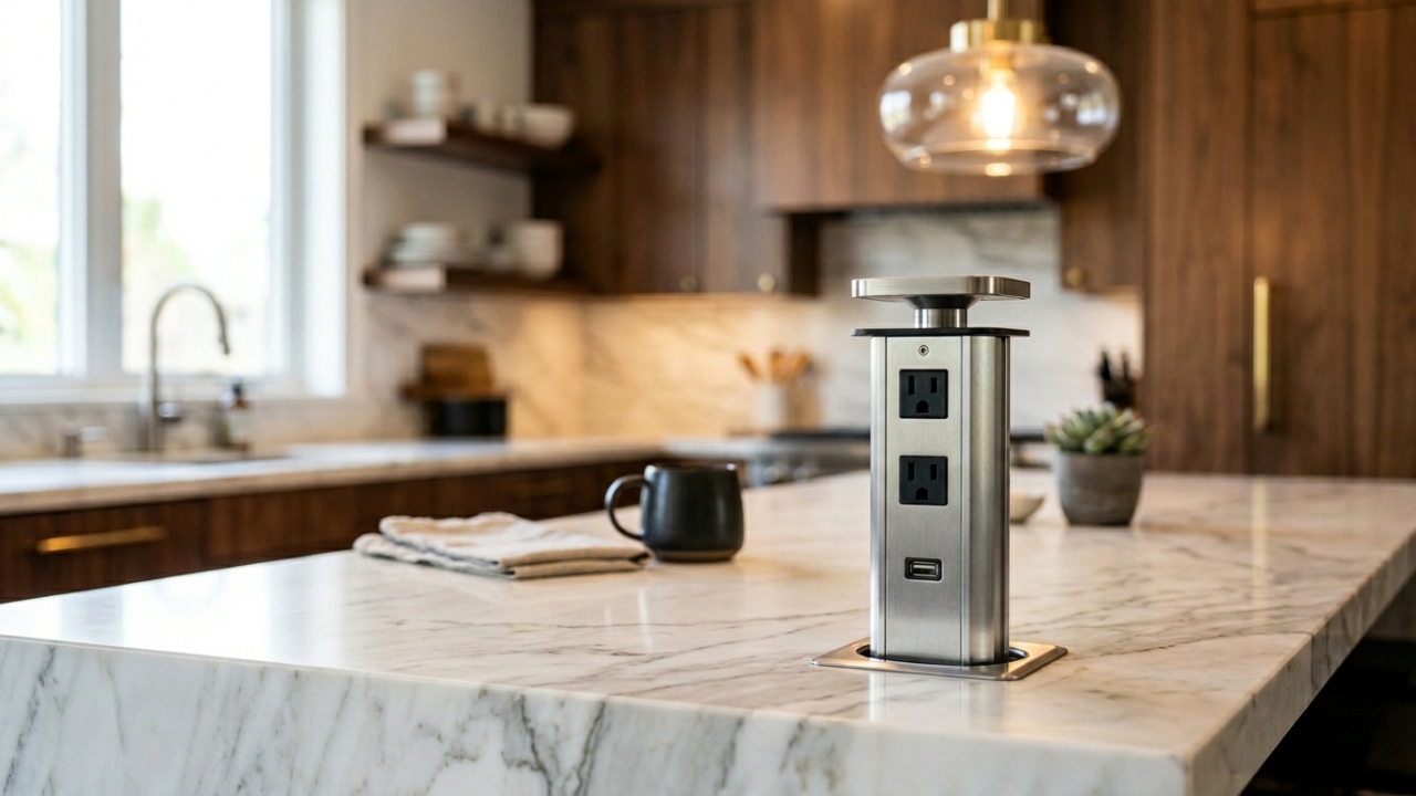 O truque genial da torre de tomadas retrátil que resolve de vez a falta de energia na ilha da cozinha, escondendo os fios sob a bancada