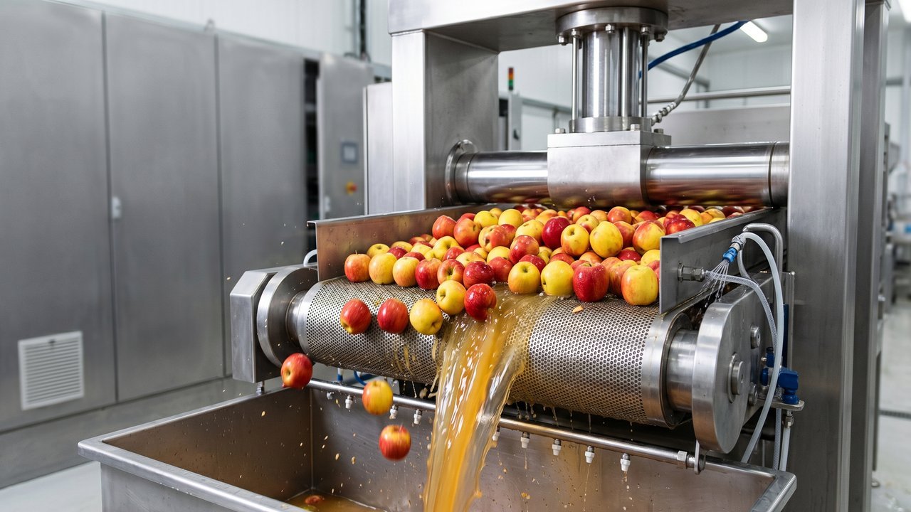 Com 1.500 kg de maçãs lavadas e prensadas, a engenharia industrial extrai cerca de 1.050 litros do suco puro da fruta