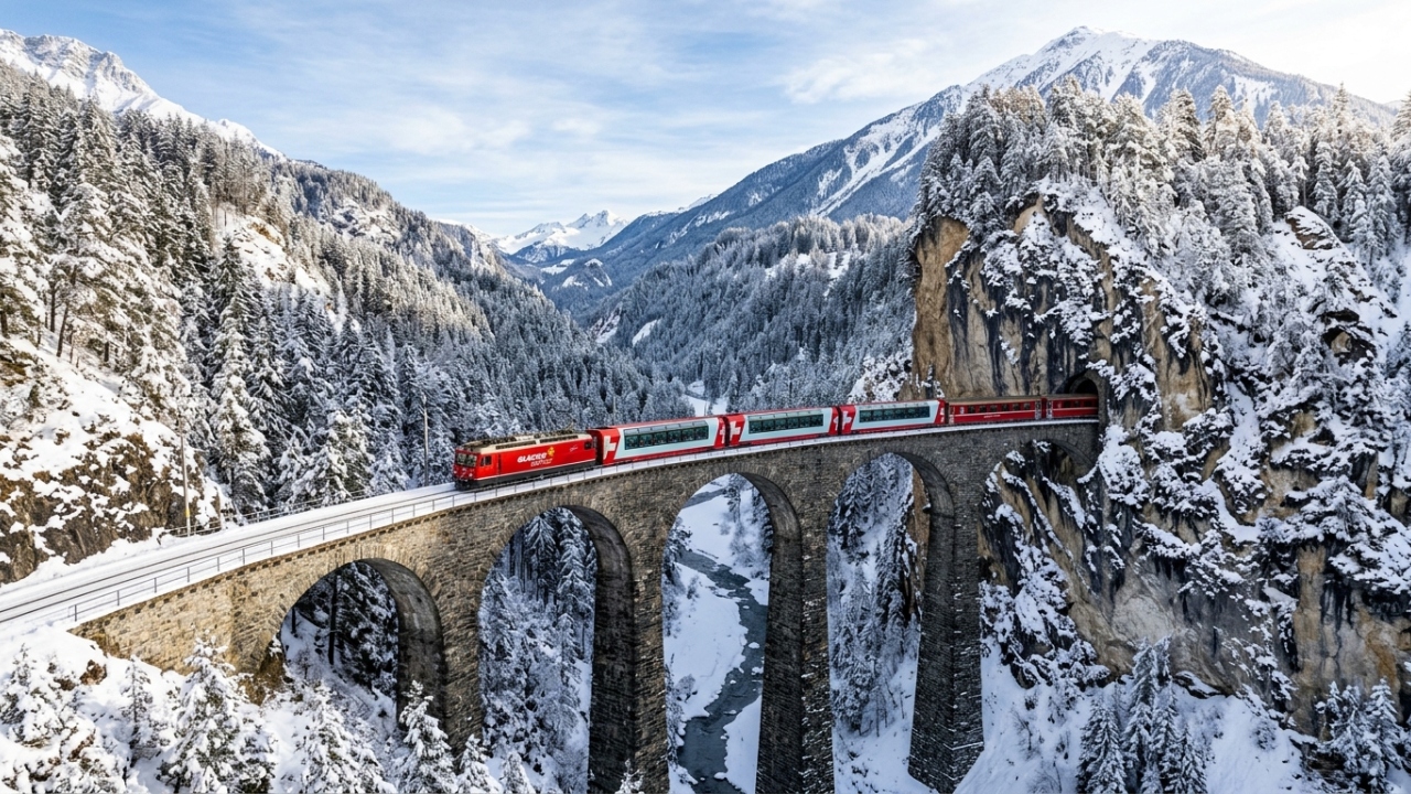 O trem expresso mais lento do mundo atravessa 291 pontes e 91 túneis pelos Alpes Suíços em uma jornada panorâmica de 8 horas a mais de 2000 metros de altitude