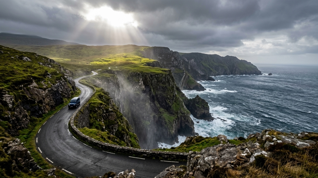 Estrada na Irlanda ganha fama por seus abismos, pois o trajeto de 600 metros de altitude margeia as falésias mais altas da Europa no mar Atlântico