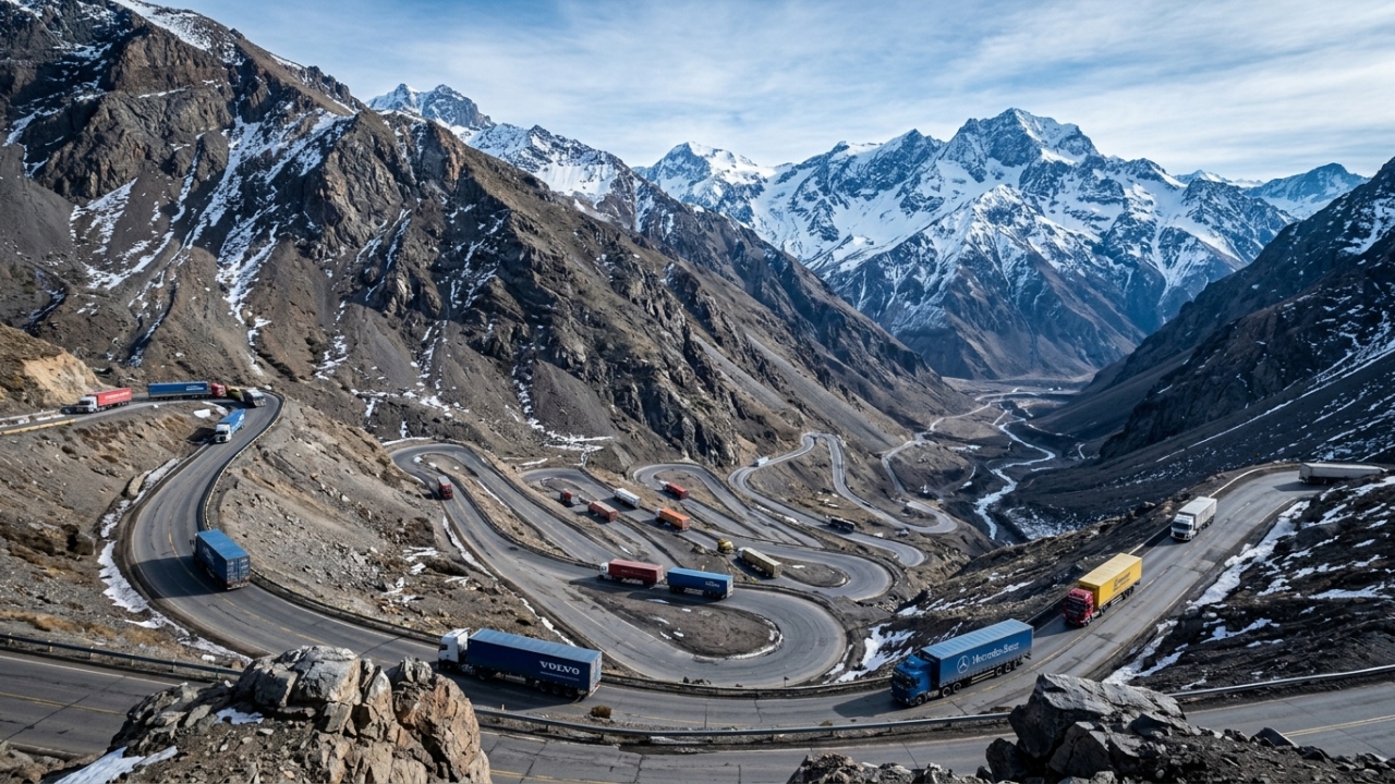 Com 29 curvas fechadas em zigue-zague a 3.200 metros de altitude, a estrada nos Andes ganha fama, pois o trajeto de 1980 liga o Chile à Argentina