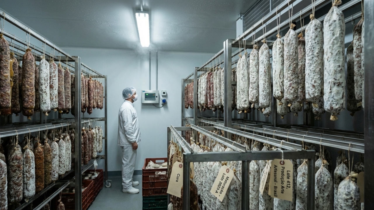 Com 500 quilos de carne processada e 35 dias de cura, a engenharia da indústria alimentícia cria o salame defumado