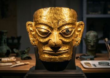 O mistério da máscara de 500 gramas de ouro puro e 3.000 anos de idade encontrada na China continua desafiando os arqueólogos em 2026