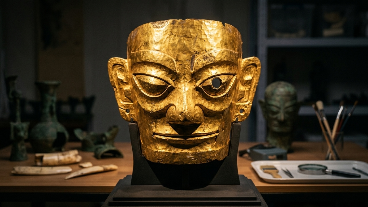 O mistério da máscara de 500 gramas de ouro puro e 3.000 anos de idade encontrada na China continua desafiando os arqueólogos em 2026