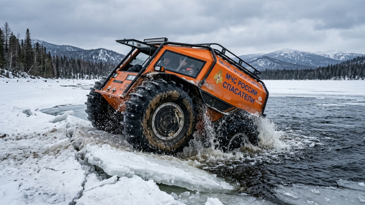 O jipe de resgate com pneus do tamanho de um adulto que não atola, flutua na água e consegue escalar paredes de gelo