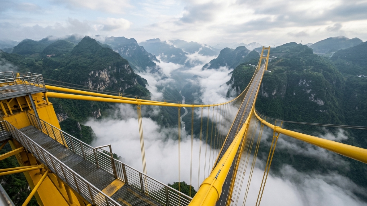 Viajantes que olham pela janela nessa ponte suspensa na China entram em pânico ao ver o vale a 496 metros de distância