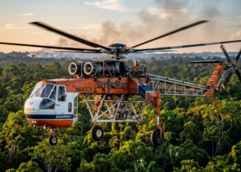 Não tem fuselagem traseira, não tem barriga: é basicamente um cockpit suspenso por um rotor gigante, com duas vigas metálicas onde deveria estar o corpo da aeronave