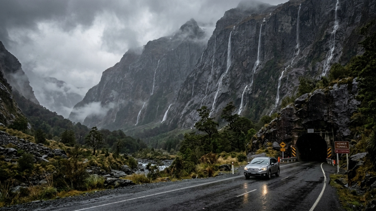 Com seus 119 km de extensão e atravessando um túnel de 1,2 km na rocha, a rodovia Milford tornou-se o acesso mais dramático aos fiordes da Nova Zelândia