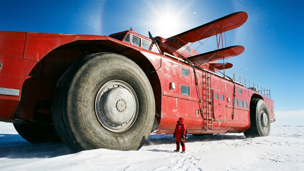 Abandonado em um campo de gelo na Antártida, o gigantesco ônibus de neve com pneus de três metros de altura vira um monumento fantasma isolado