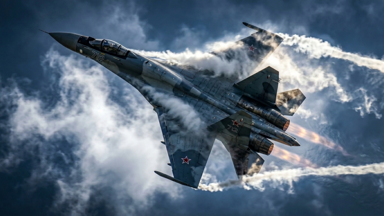 Desafiando as leis da física o caça russo de 34 toneladas realiza manobras impossíveis no ar graças a motores que redirecionam o fogo da turbina e chegam a 2400 km por hora