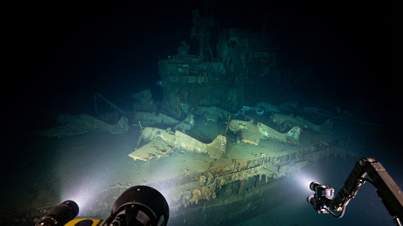 Submersível localiza porta-aviões afundado a 4.000 metros de profundidade e envia imagens de caças intactos que repousam no fundo do oceano Pacífico desde a grande guerra