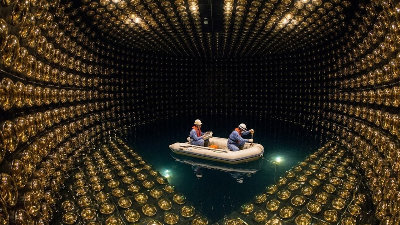 O gigantesco e brilhante tanque cilíndrico forrado com 50 mil toneladas de água ultra pura a 1000 metros de profundidade no subsolo de uma montanha japonesa construído para tentar capturar as partículas mais indescritíveis do universo