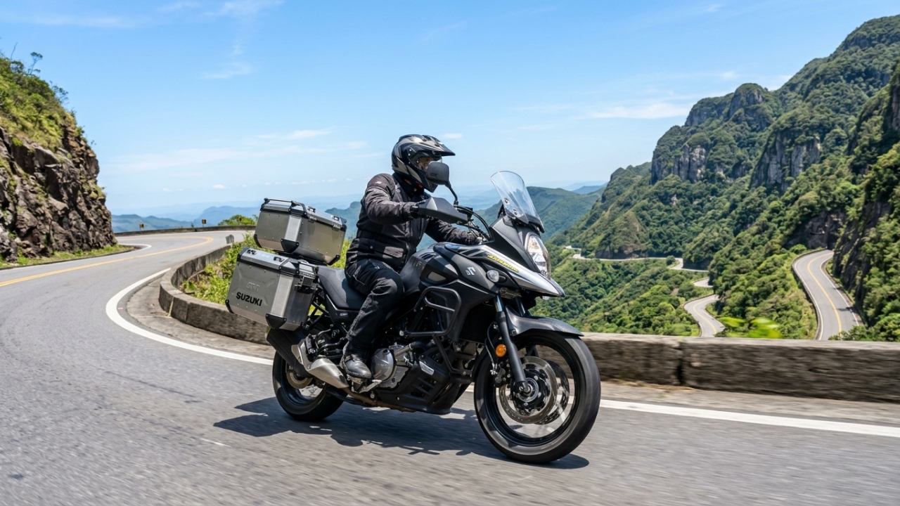 Big trail com motor em V de 71 cavalos e tanque de 20 litros permite percorrer longas distâncias sem paradas constantes para reabastecimento nas rodovias estaduais e federais