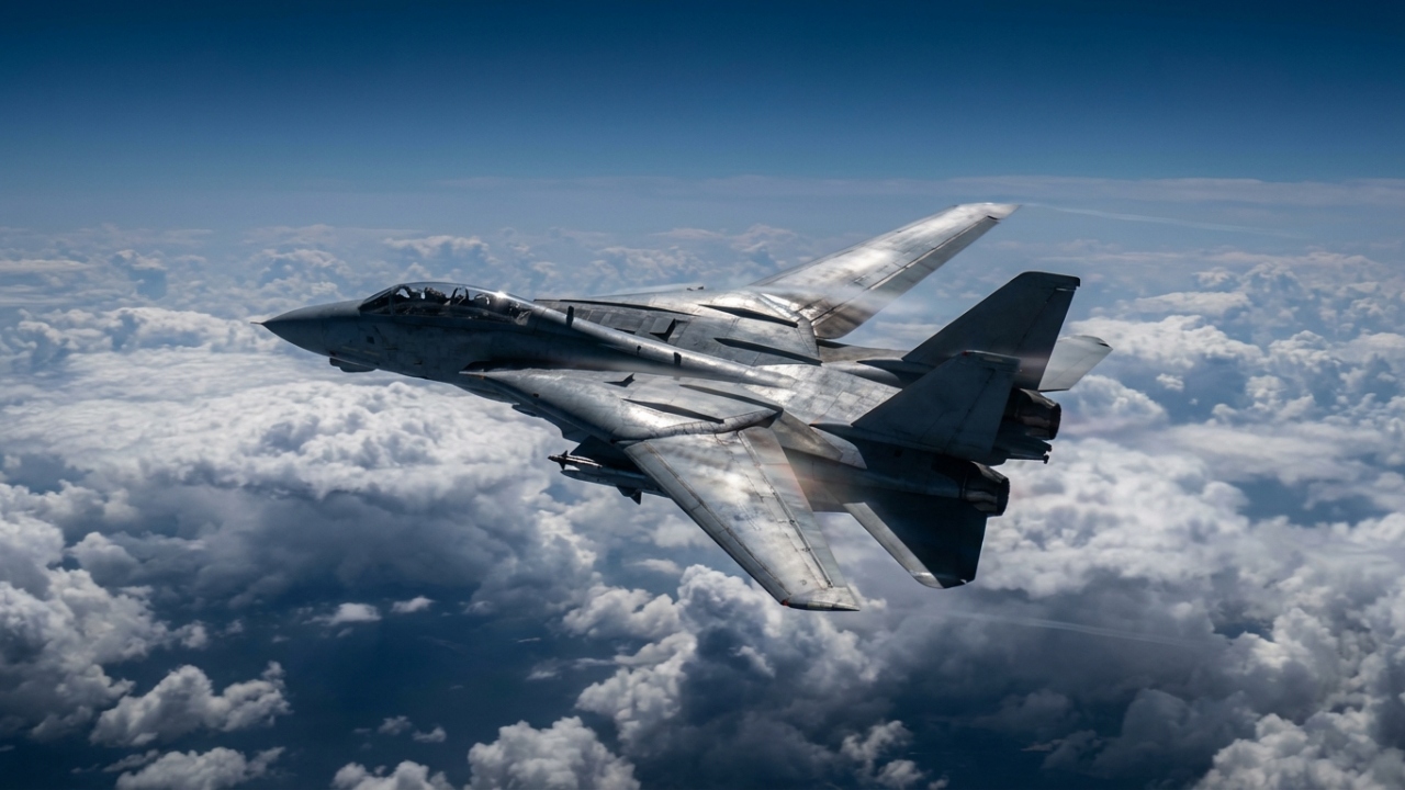 O F-14 Tomcat dobra as asas em pleno voo e passa de bombardeiro pesado para jato supersônico acima de Mach 2 em segundos