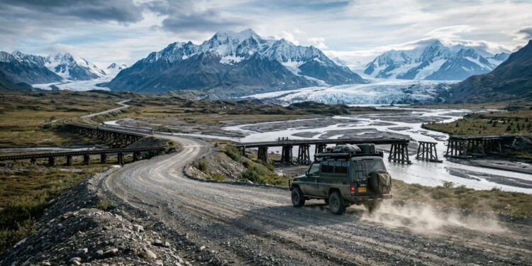 A rodovia no Alasca possui 97 km de cascalho bruto; cruzando o deserto gelado, ela é a rota mais isolada para o coração do parque nacional