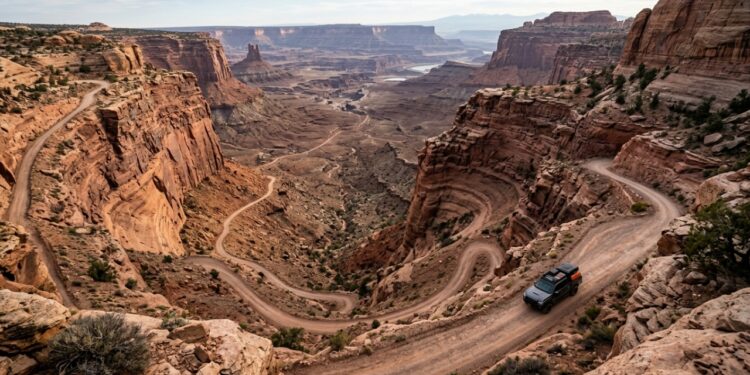 A rodovia em Utah desce 450 metros pelo penhasco; com um traçado vertiginoso, ela é a rota mais extrema do Canyonlands National Park