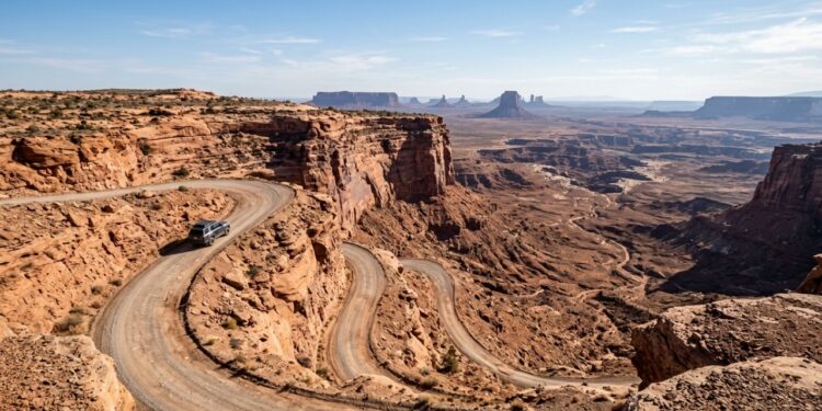 A rodovia de cascalho em Utah sobe 365 metros; com curvas sinuosas no penhasco, ela é um recorde de engenharia em terra batida