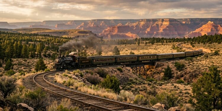 Um trem inaugurado em 1901 ainda leva passageiros até a borda do Grand Canyon e tira 50 mil carros da estrada todo ano