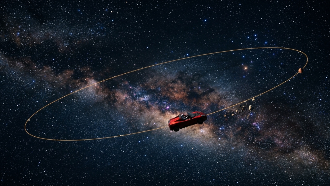 Vagando pelo espaço a 25 mil quilômetros por hora, o carro elétrico lançado por um foguete em 2018 vira o monumento itinerante que já completou voltas ao redor do Sol