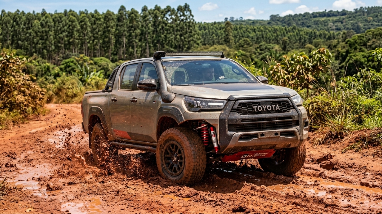 Utilizando uma bitola 155 milímetros mais larga e amortecedores de tubo duplo, a picape japonesa que entrega 224 cavalos garante uma estabilidade extrema para quem enfrenta os terrenos mais acidentados do país neste ano de 2026