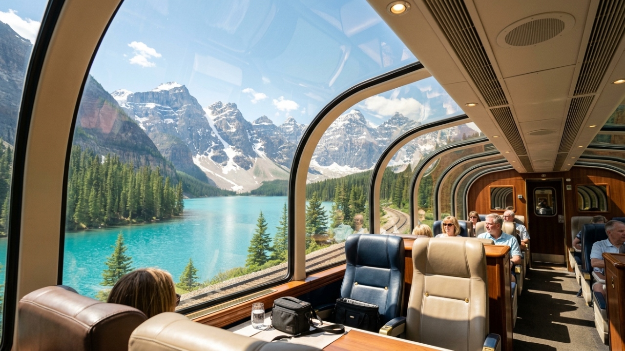 Com vagões de teto de vidro de 180 graus esta rota ferroviária revela cânions profundos e picos nevados isolados da América do Norte em uma jornada de 2 dias de imersão total