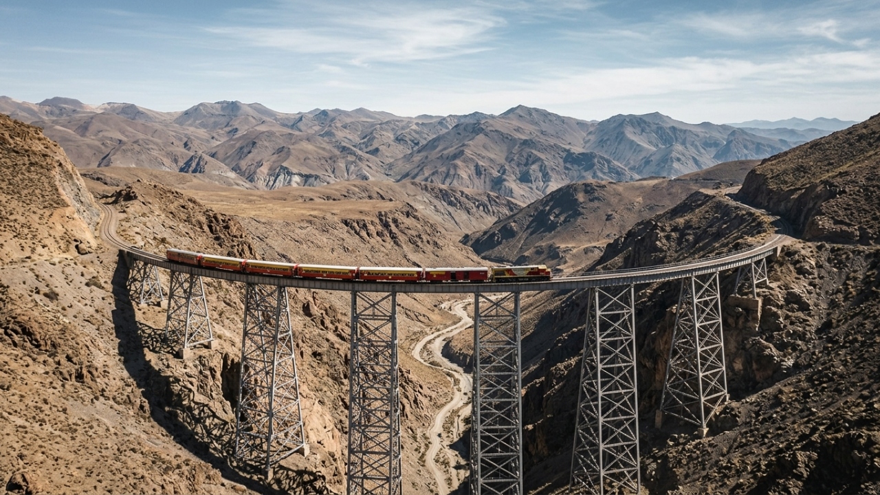 A assustadora ferrovia sul americana de 4220 metros de altura que atravessa 29 pontes de aço e 13 viadutos gigantescos nos picos da Cordilheira dos Andes