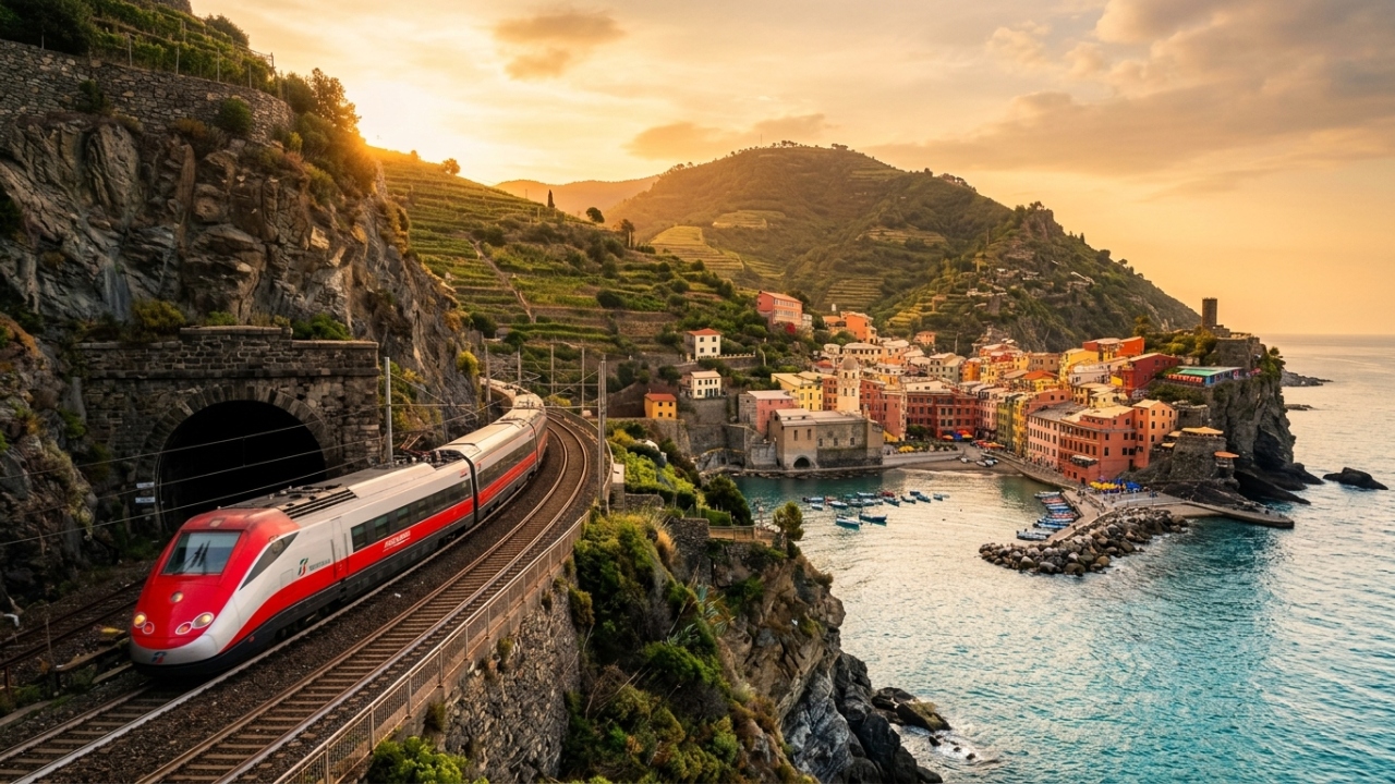 A ferrovia italiana do século 19 perfurada em rocha viva que ainda leva milhares de turistas por dia à beira-mar
