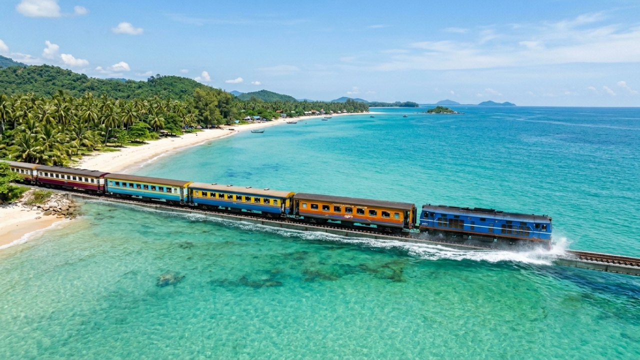 O trem tailandês que parece flutuar sobre o oceano turquesa existe de verdade e qualquer pessoa pode embarcar pagando quase nada