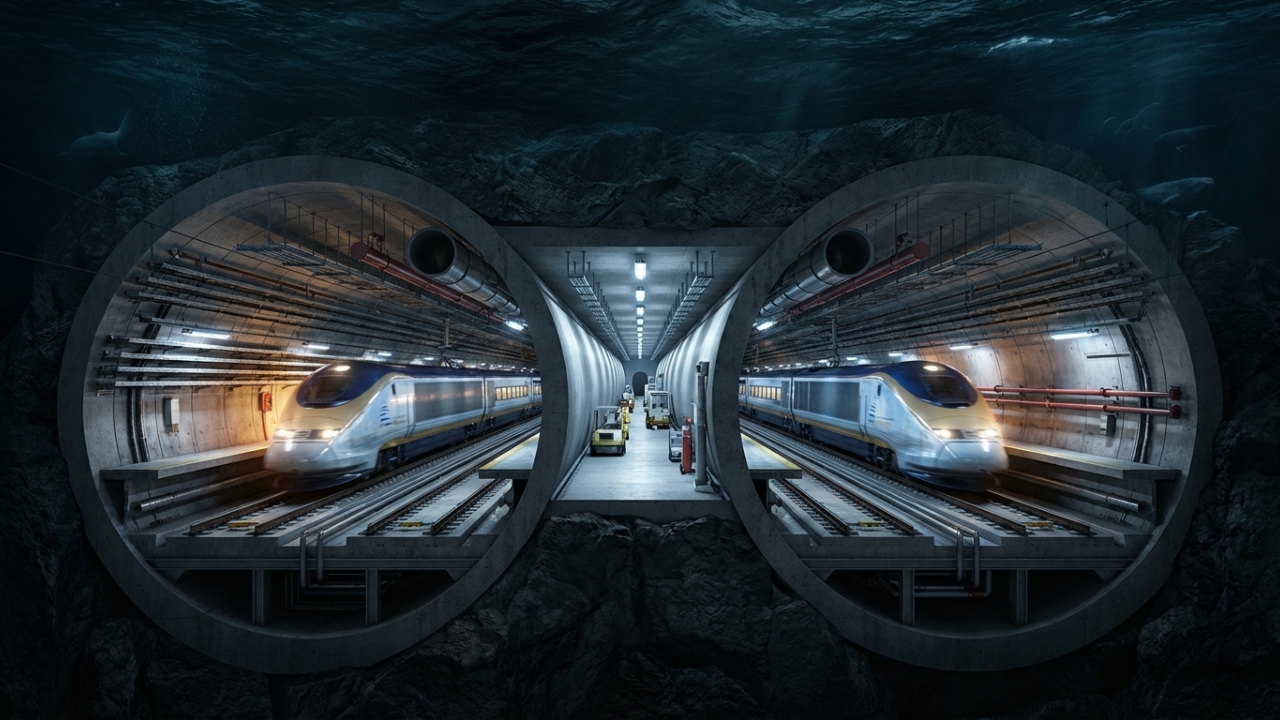O megatúnel submarino de 50 quilômetros que permite trens viajarem a 160 quilômetros por hora a 75 metros de profundidade sob o fundo do oceano