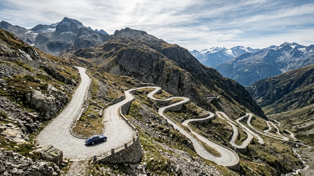 Com pavimentação de pedra a 2.106 metros de altitude, a estrada na Suíça é um dos principais marcos da engenharia de transporte alpina