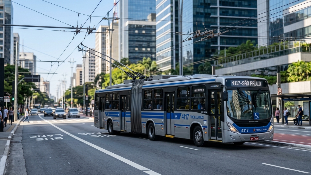 Conectado à rede elétrica com baterias de reserva, o trólebus articulado que transporta 120 pessoas evita a poluição sonora nas cidades