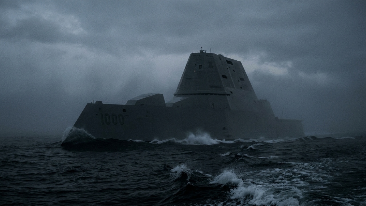 O navio de guerra furtivo de US$ 4 bilhões que engana radares parecendo um barco de pesca: com formato de pirâmide invertida, o Destróier gera energia suficiente para iluminar uma cidade