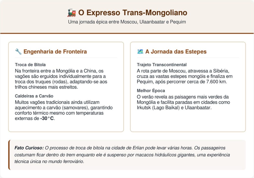 Um trem que cruza o Deserto de Gobi por dias inteiros e ainda para para trocar as rodas na fronteira com a China