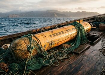 O drone submarino, com 3,7 metros de comprimento e logotipo da indústria naval chinesa estampado na estrutura