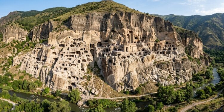 Erguido em um penhasco com 13 andares e 6.000 salas originais, o mosteiro de Vardzia virou a maior fortaleza de pedra e fé de toda a Geórgia