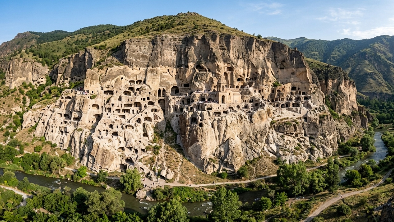 Erguido em um penhasco com 13 andares e 6.000 salas originais, o mosteiro de Vardzia virou a maior fortaleza de pedra e fé de toda a Geórgia