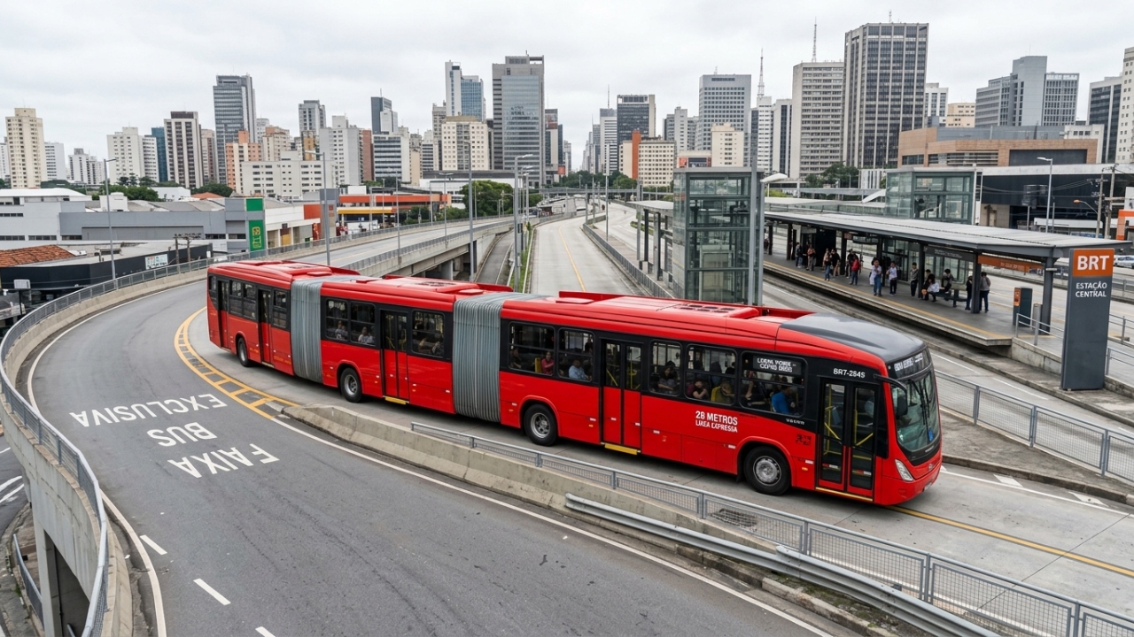 Utilizando duas articulações e motor central de 340 cavalos, o ônibus biarticulado que mede 28 metros de extensão retira de circulação cerca de seis ônibus convencionais nos corredores de BRT de alta demanda hoje