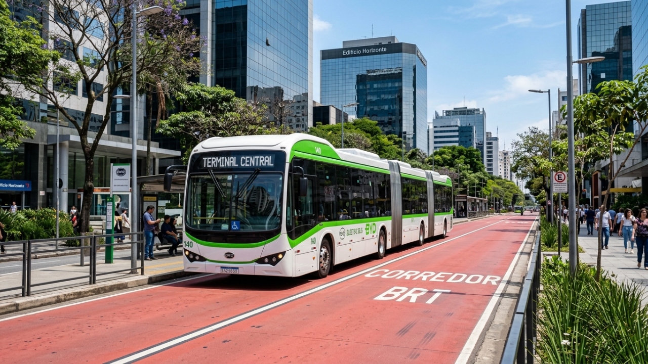 O primeiro ônibus articulado 100% elétrico fabricado em solo nacional promete rodar o dia inteiro sem carregar e transporta 170 pessoas com zero emissão de fumaça