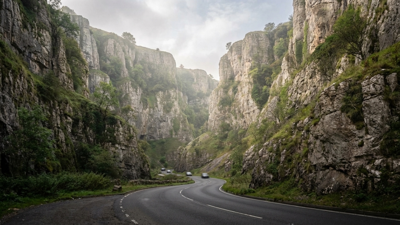 Com 137 metros de profundidade e penhascos calcários, a estrada no desfiladeiro inglês surge como um marco da beleza natural