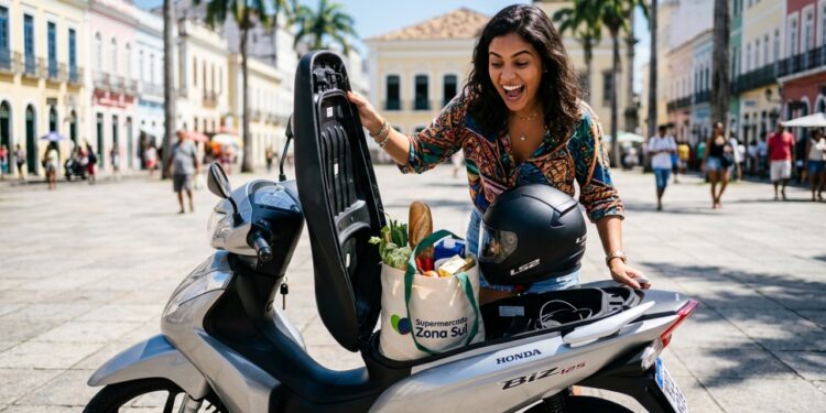 Motoneta moderna com compartimento sob o assento aberto revelando espaço interno para armazenamento